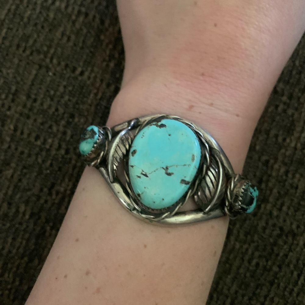 Turquoise Stone Silver Cuff Bracelet - Blue Turquoise